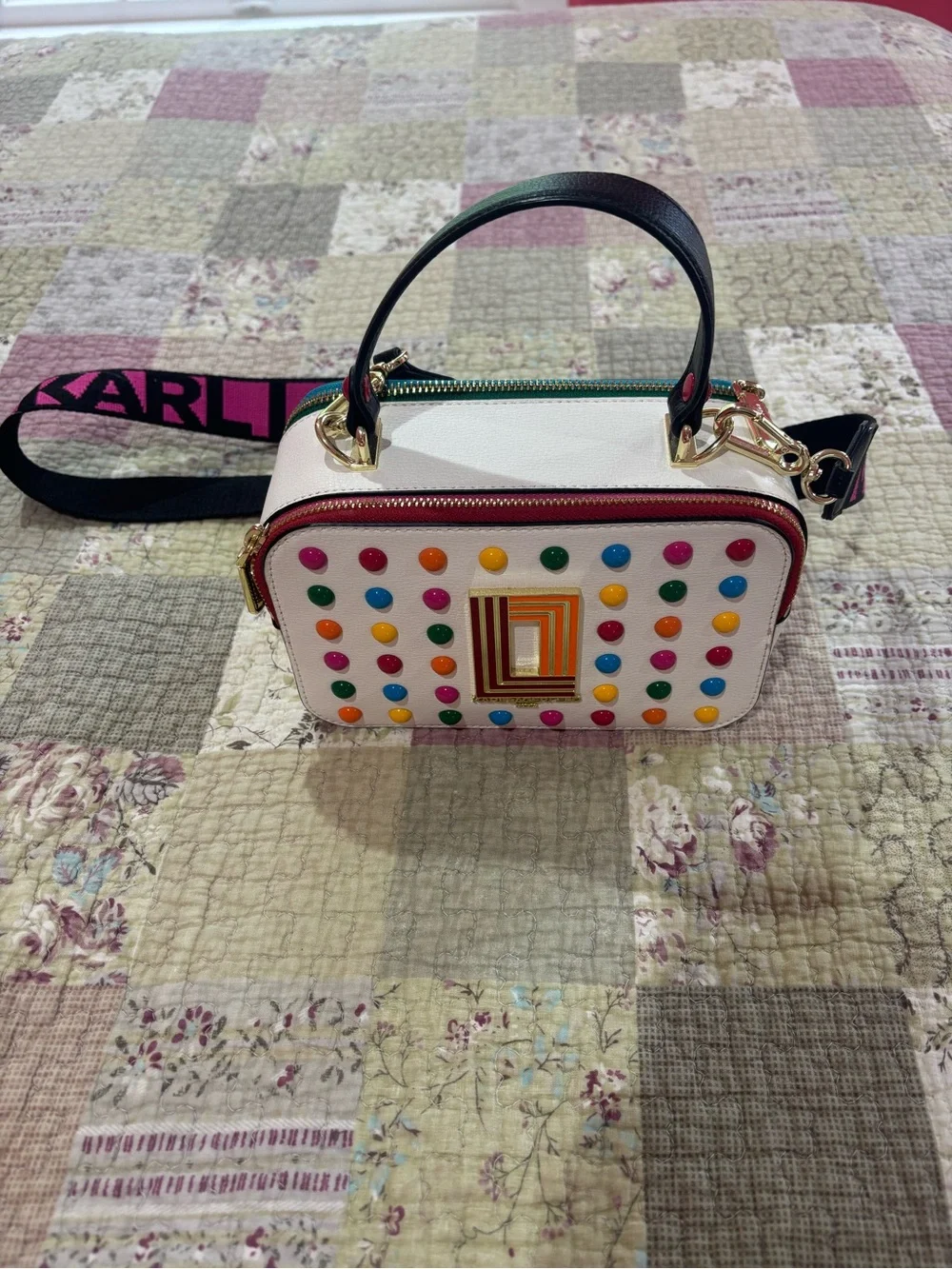 White Multicolor Studded Crossbody Bag with Top Handle